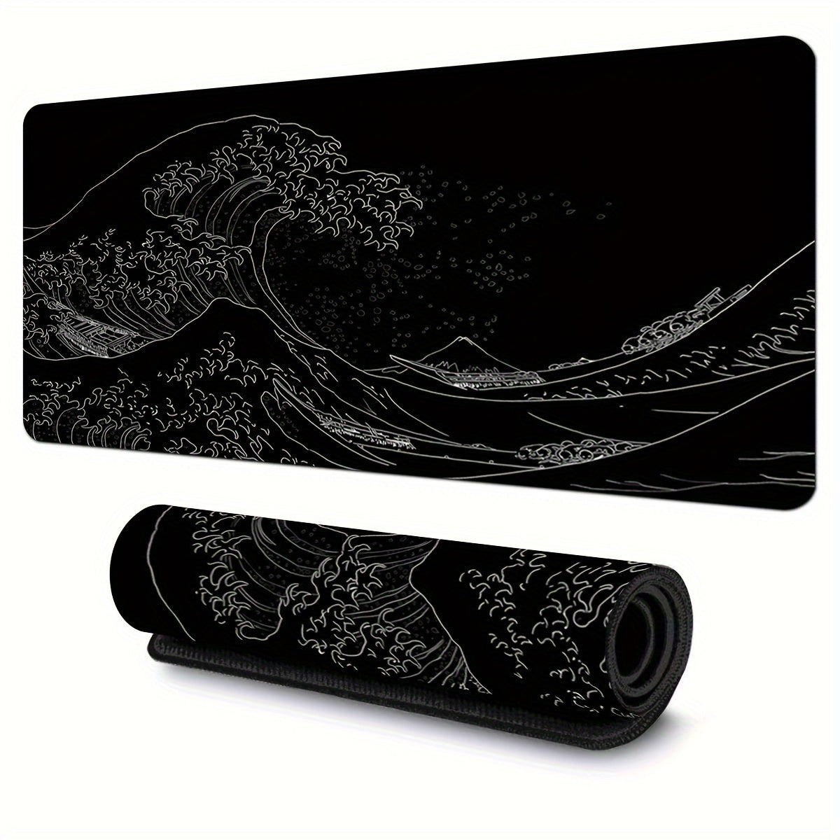 Large Gaming Mouse Pad Featuring Abstract Black And White Japanese Wave Designs, Measuring 35.4X15.7 Inches, with a Non-Slip Rubber Base And Stitched Edges, Suitable for Office And Home Gaming.