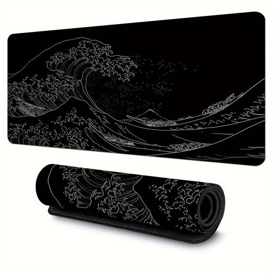 Large Gaming Mouse Pad Featuring Abstract Black And White Japanese Wave Designs, Measuring 35.4X15.7 Inches, with a Non-Slip Rubber Base And Stitched Edges, Suitable for Office And Home Gaming.